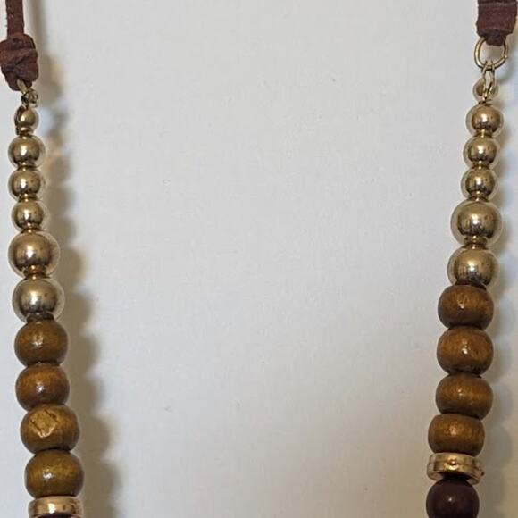 1948 Long Leather Tassel Necklace with Leather, Crystal, and Wood Beads. - Picture 8 of 11